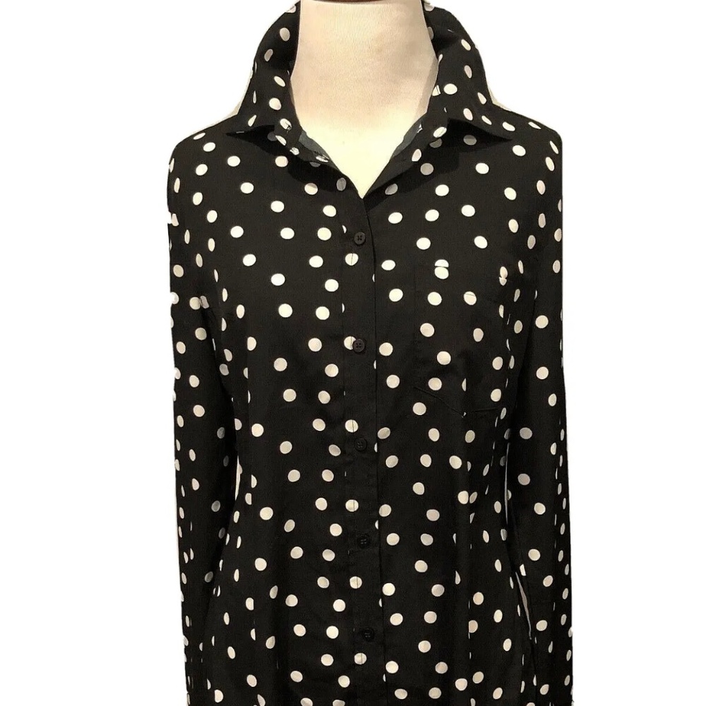 MERONA Women's Black & White Polka Dot Long Sleeve Button Down Blouse, Size S/P